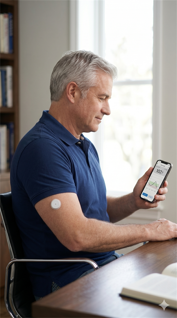 Portrait of a professional wearing a continuous glucose monitor (CGM) sensor on his arm, holding a mobile phone displaying glucose levels.