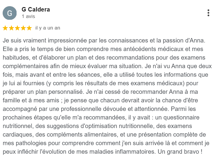 Avis Google 5 étoiles par G Caldera : souligne la préparation rigoureuse d'Anna, son plan personnalisé et son suivi de recommandations.