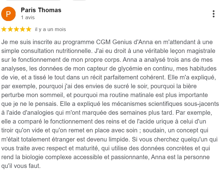 Avis Google 5 étoiles par Paris Thomas : félicite Anna pour sa clarté, l'utilisation de données réelles et l'explication scientifique simple.