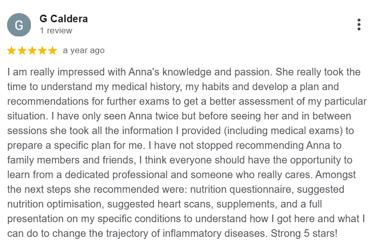 Five-star Google review by G Caldera: highlights Anna's thorough preparation, personalised plan, and ongoing recommendations. Strong 5 stars.