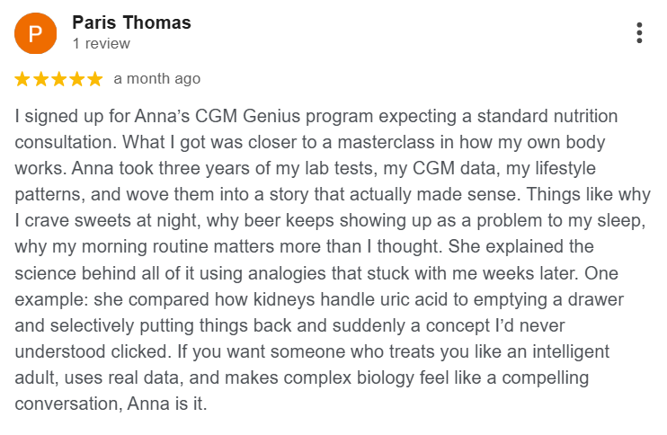 Five-star Google review by Paris Thomas: praises Anna for treating clients like intelligent adults, using real data, and explaining the science clearly.
